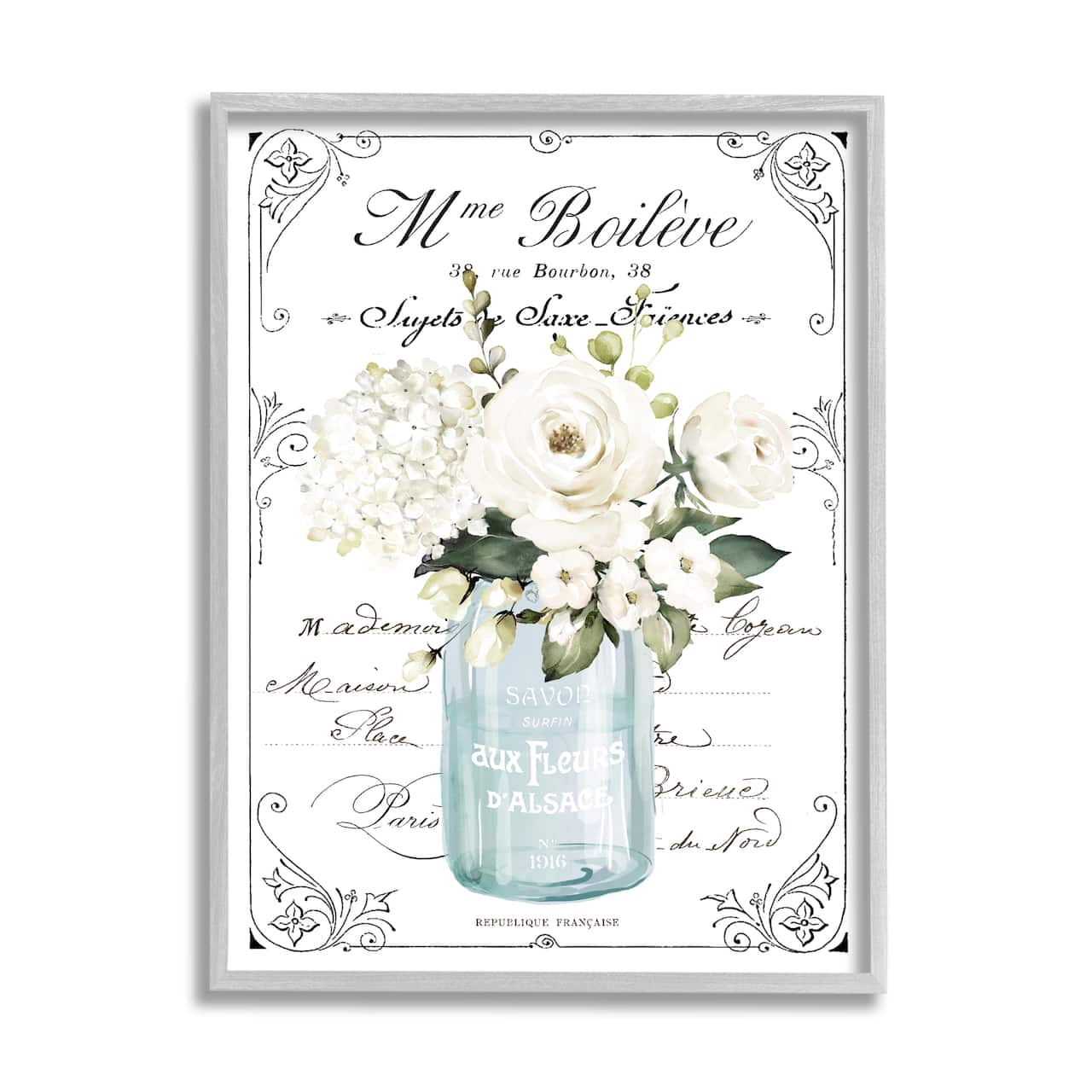 Stupell Industries Vintage Parisian Floral Bouquet White Farmhouse Flowers Framed Wall Art